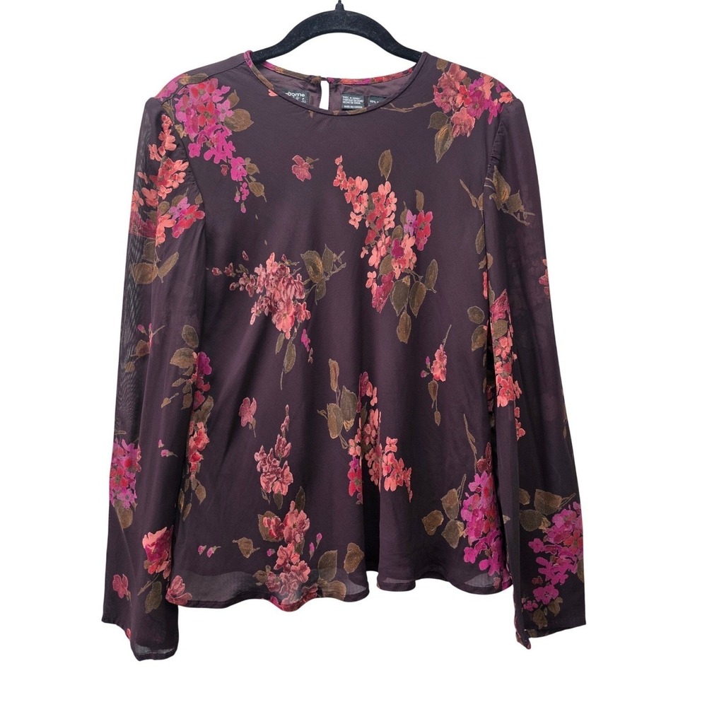 Liz Claiborne Petite Floral Blouse Plum Purple Long Sleeve Mesh Overlay Size 10P